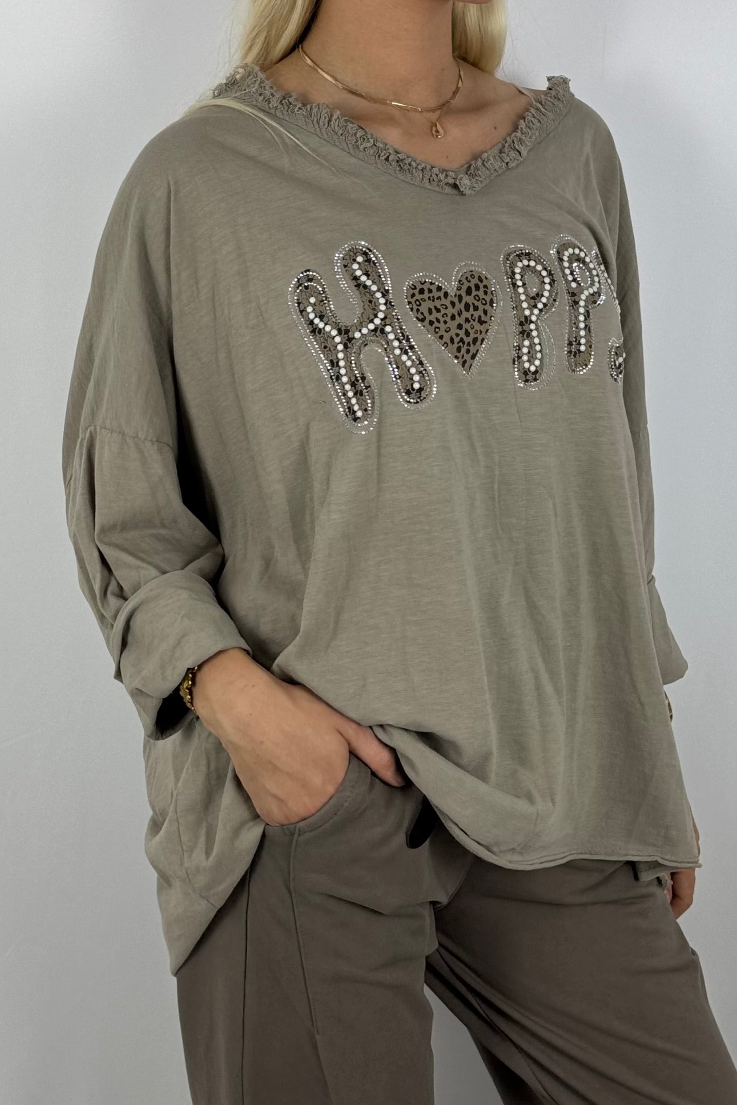 Damen Oversize Shirt – Happy Print-Mud