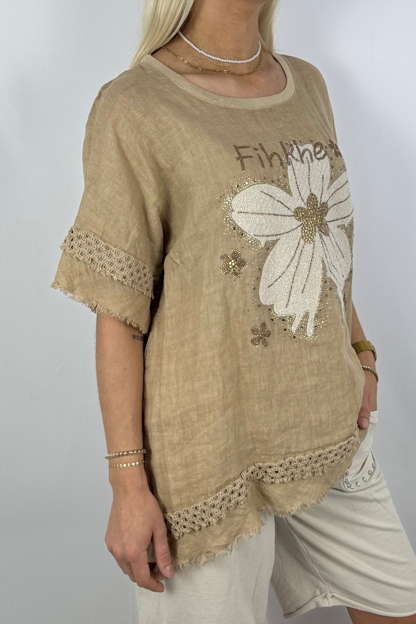 Leinen-Shirt mit Blumenprint & Häkel-Details-Safari