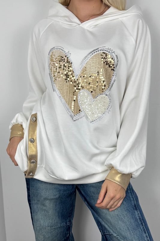 Hoodie mit Herz-Applikation und Glitzer-Details-Weiß