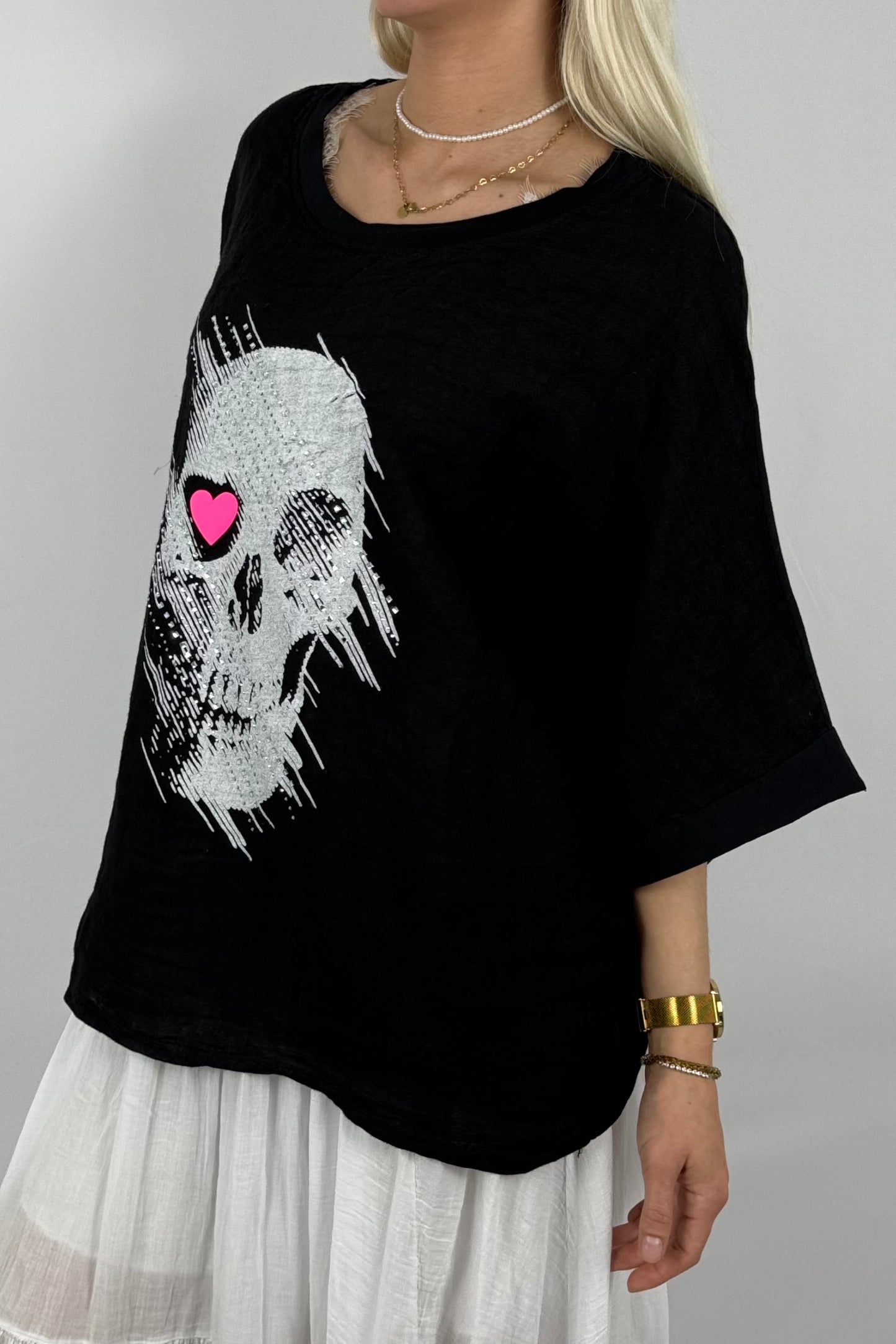Oversize Shirt mit Skull & Herz Print – Leinenmix-Schwarz