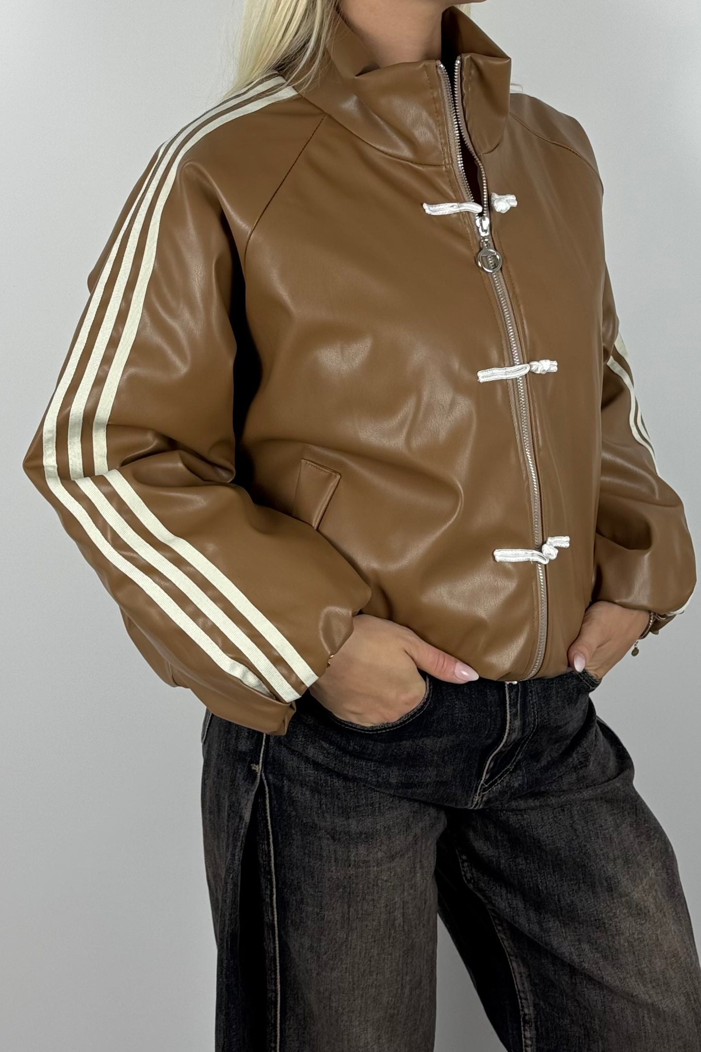 Damen Kunstlederjacke mit Streifen & Zierdetails –mud