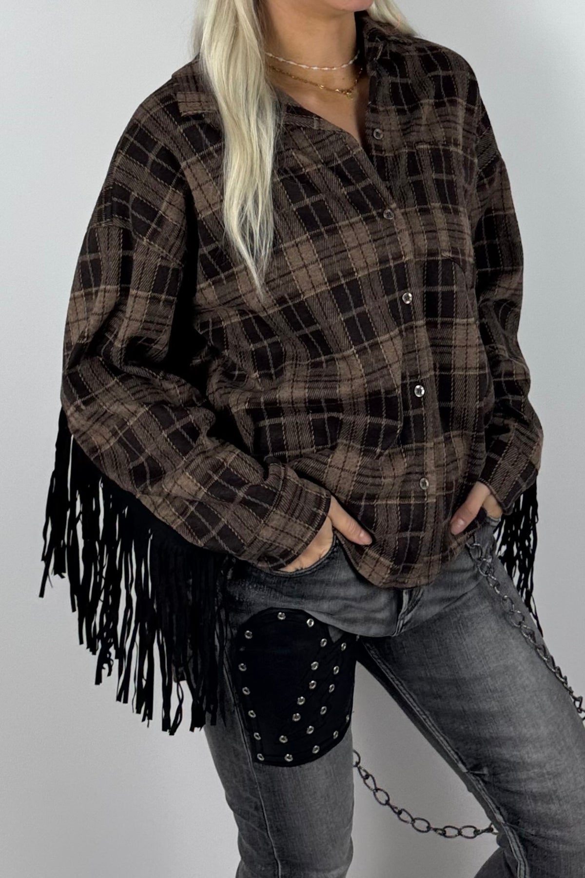 Damen-Karobluse mit Fransen-Schoko
