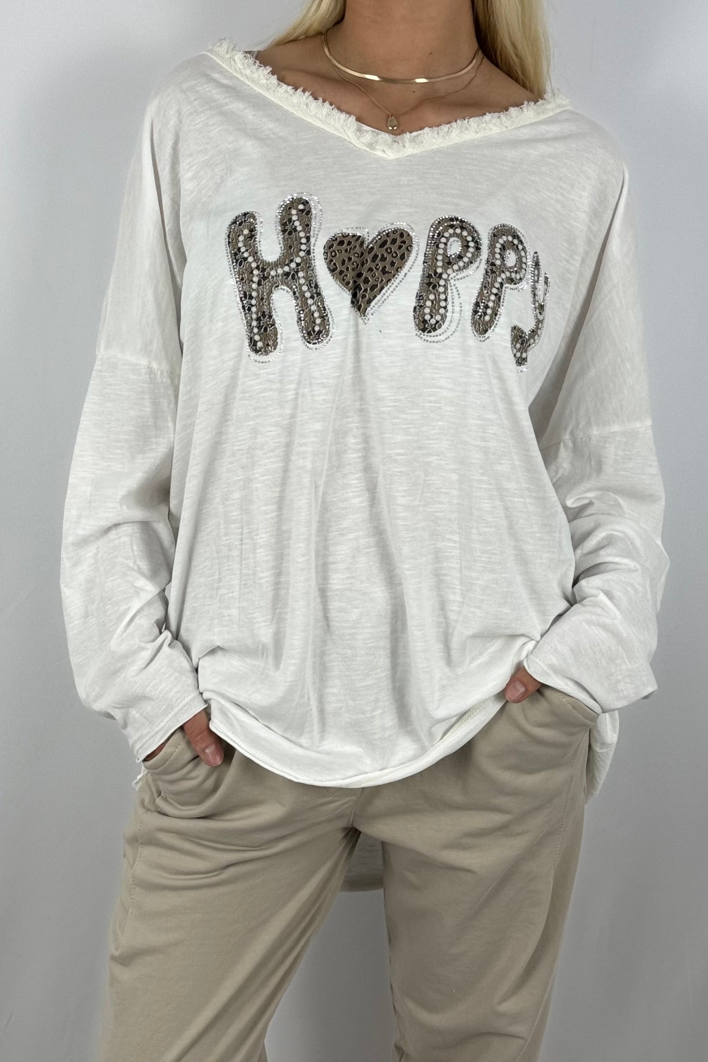 Damen Oversize Shirt – Happy Print-Weiß