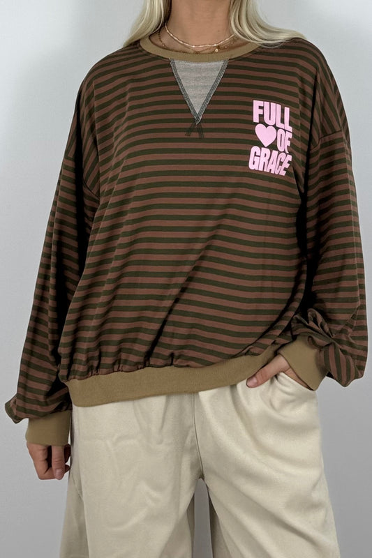 Oversize Streifen-Shirt mit „Full of Grace“-Khaki