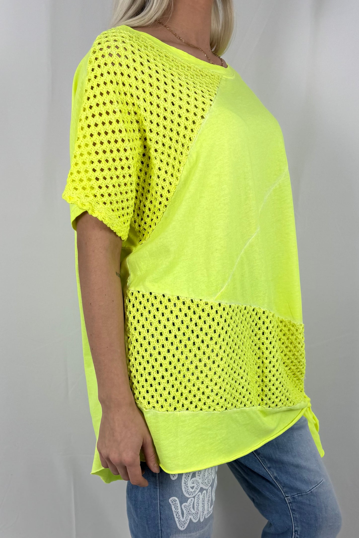 Damen Oversize Shirt mit Netz Einsatz und Bindeband-Neon gelb