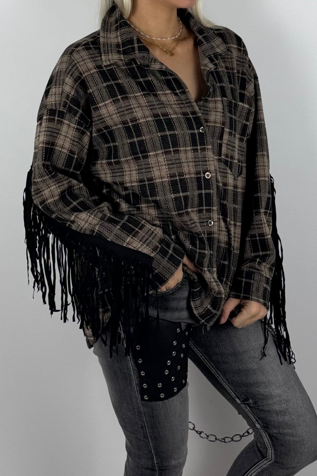 Damen-Karobluse mit Fransen-Mud