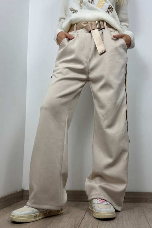 Hose mit Seitstreifen und Gürtel – Beige