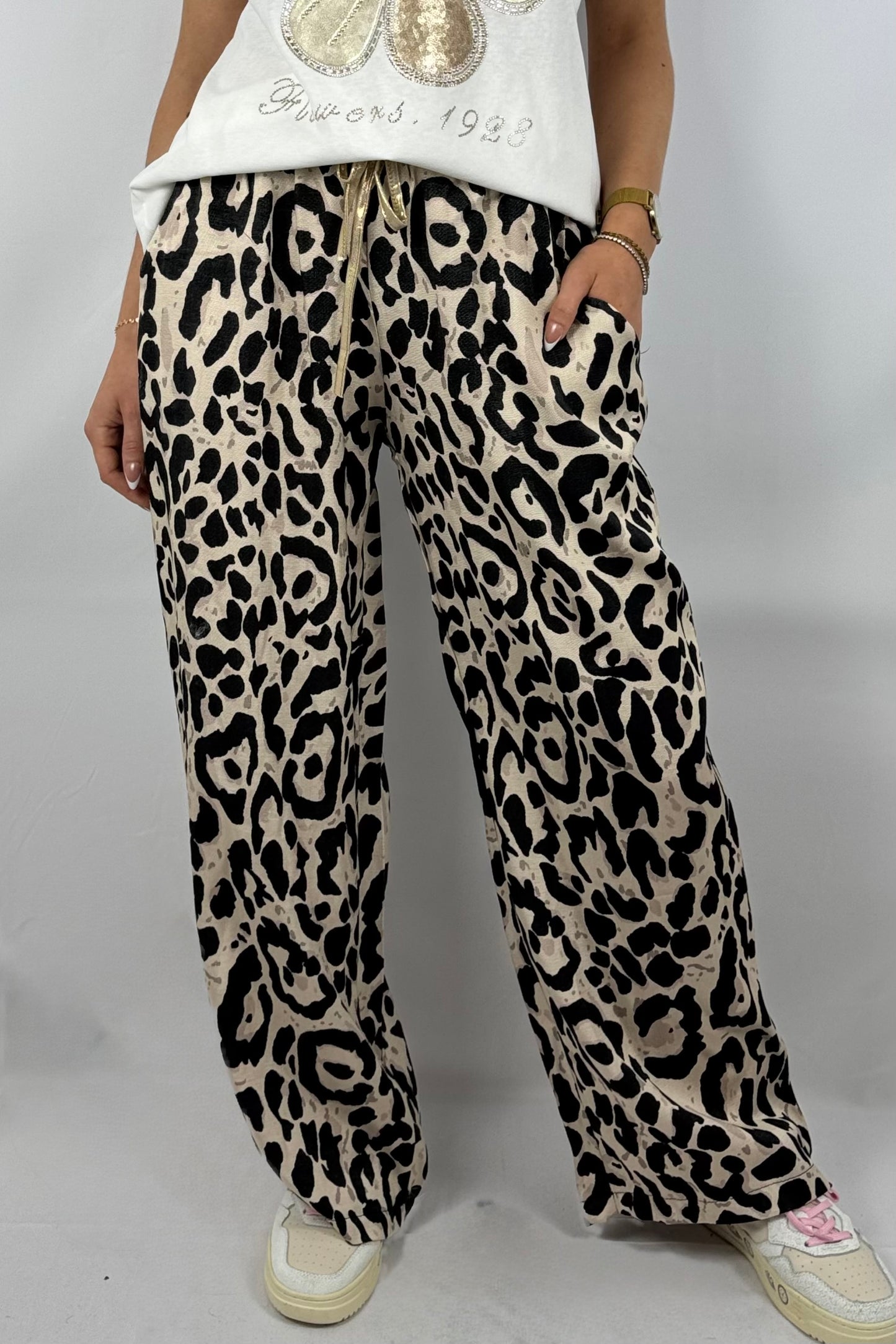 Weite Palazzo-Hose mit Leo-Print-Beige
