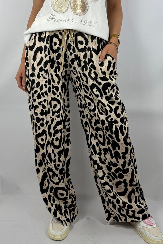 Weite Palazzo-Hose mit Leo-Print-Beige