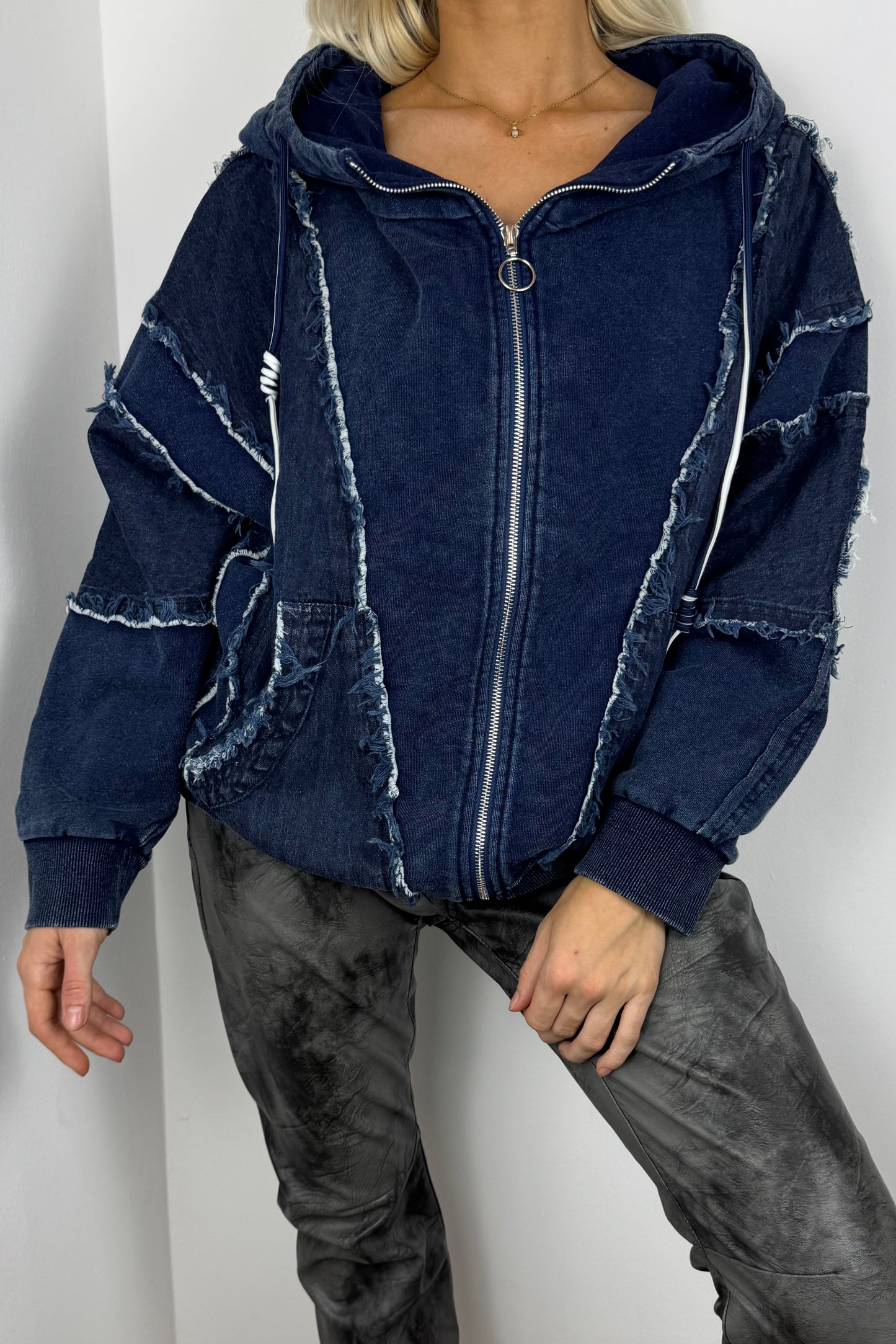 Oversize-Hoodie mit Zipper & Raw-Details –Dunkel BLau