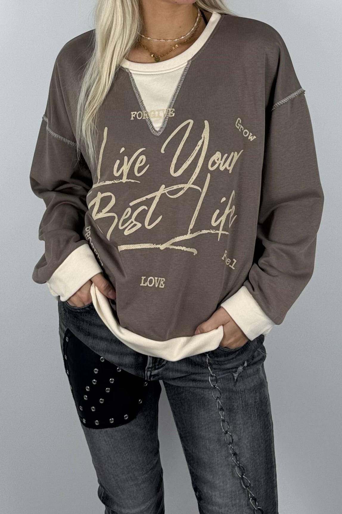 Damen-Sweatshirt mit „Live Your Best Life“-Print-Mud