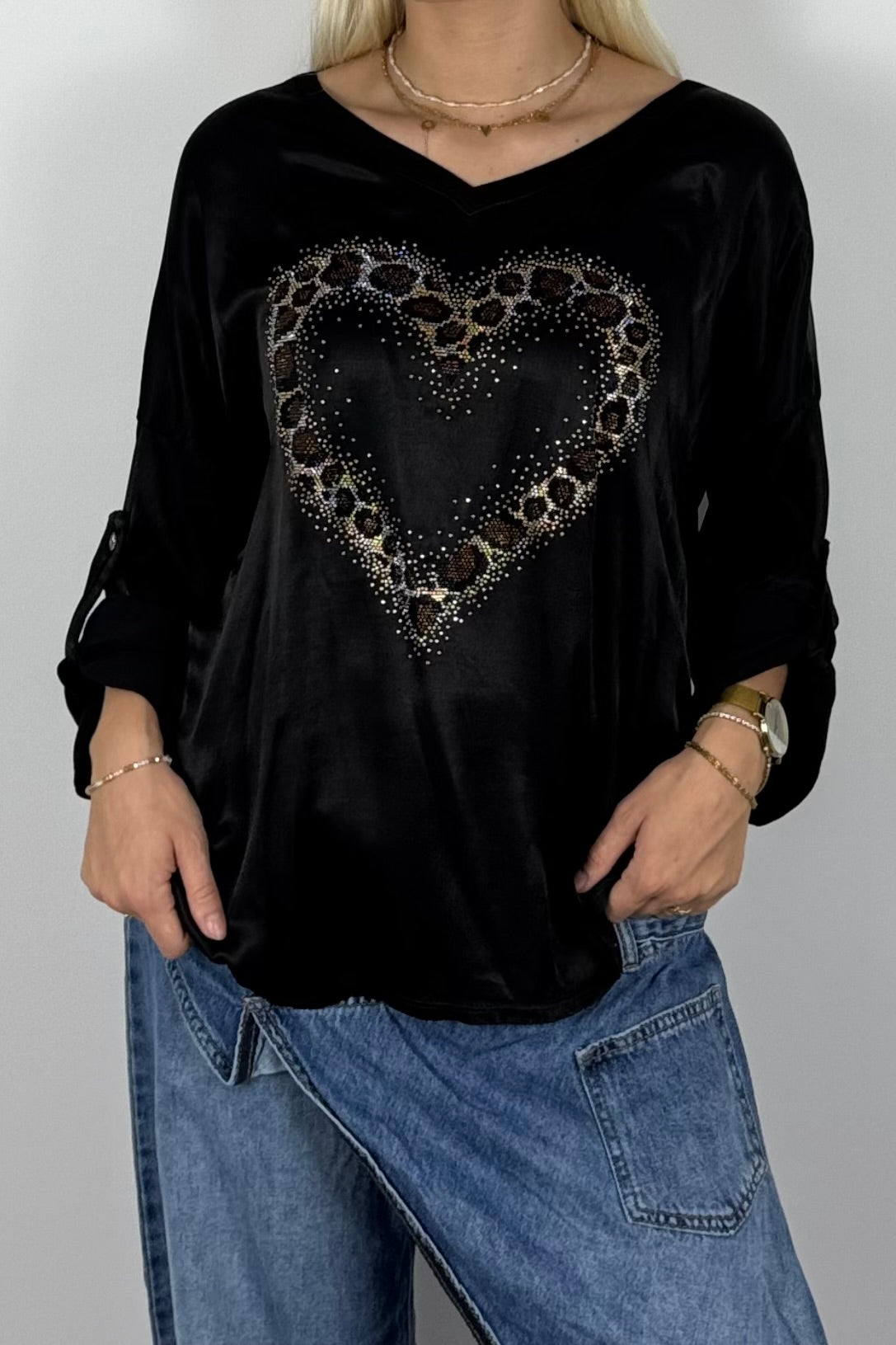 Damen Oversize Shirt mit Herz & Glitzer – Schwarz