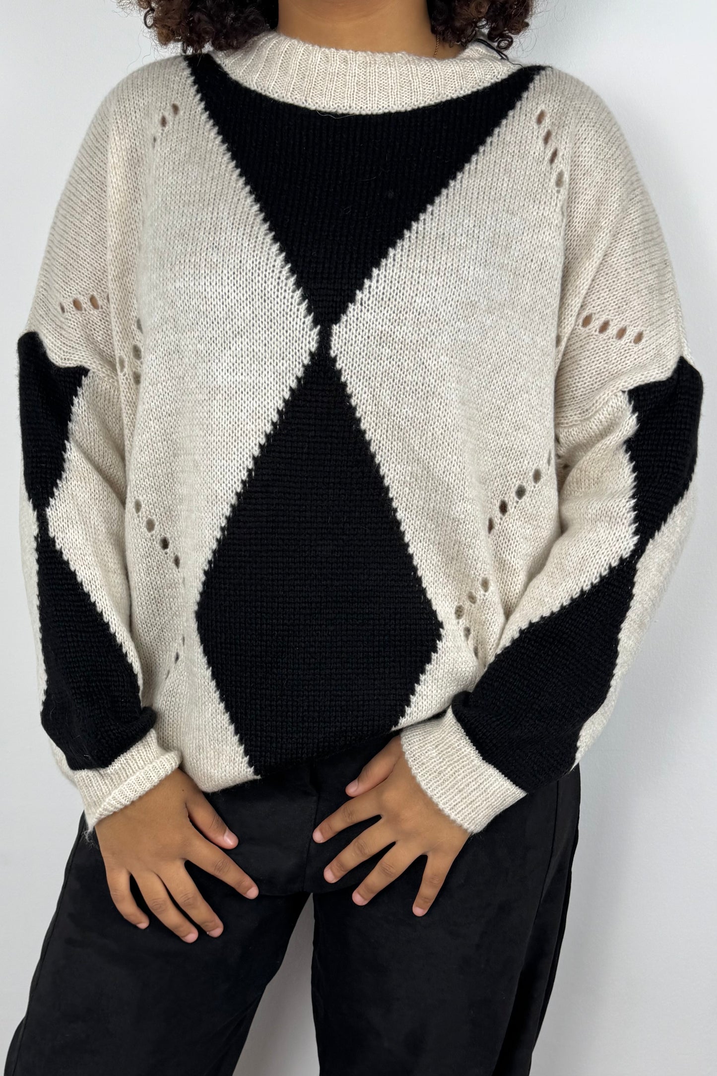 Strickpullover mit Rautenmuster –Beige