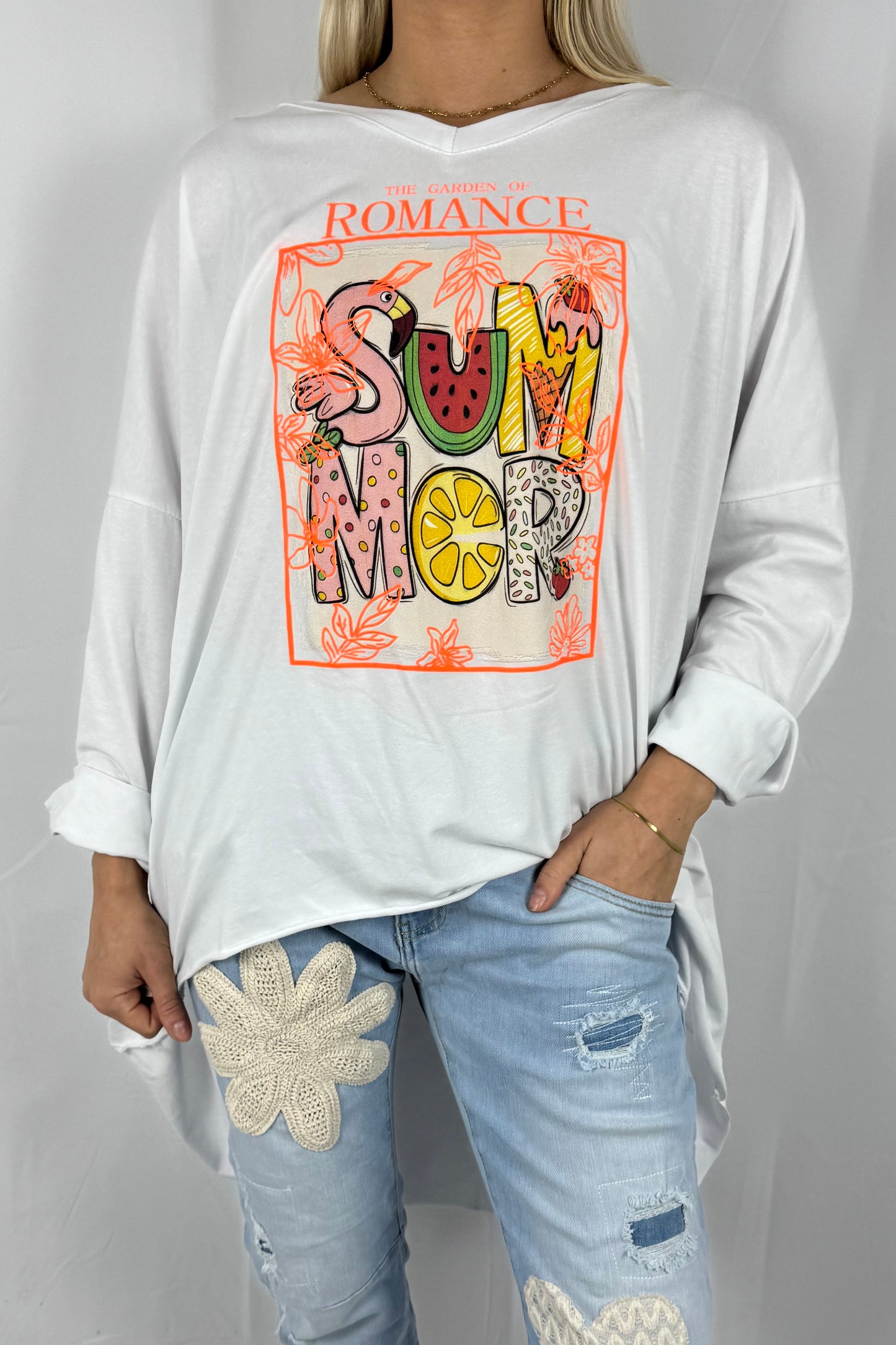 Damen Oversize Shirt „Summer Romance“ mit Print-Neon Orange
