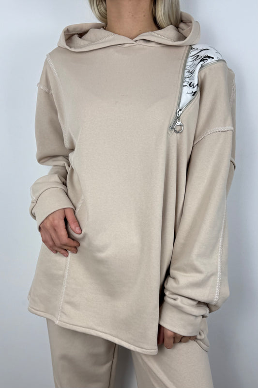 Asymmetrischer Hoodie mit Zipper -Beige