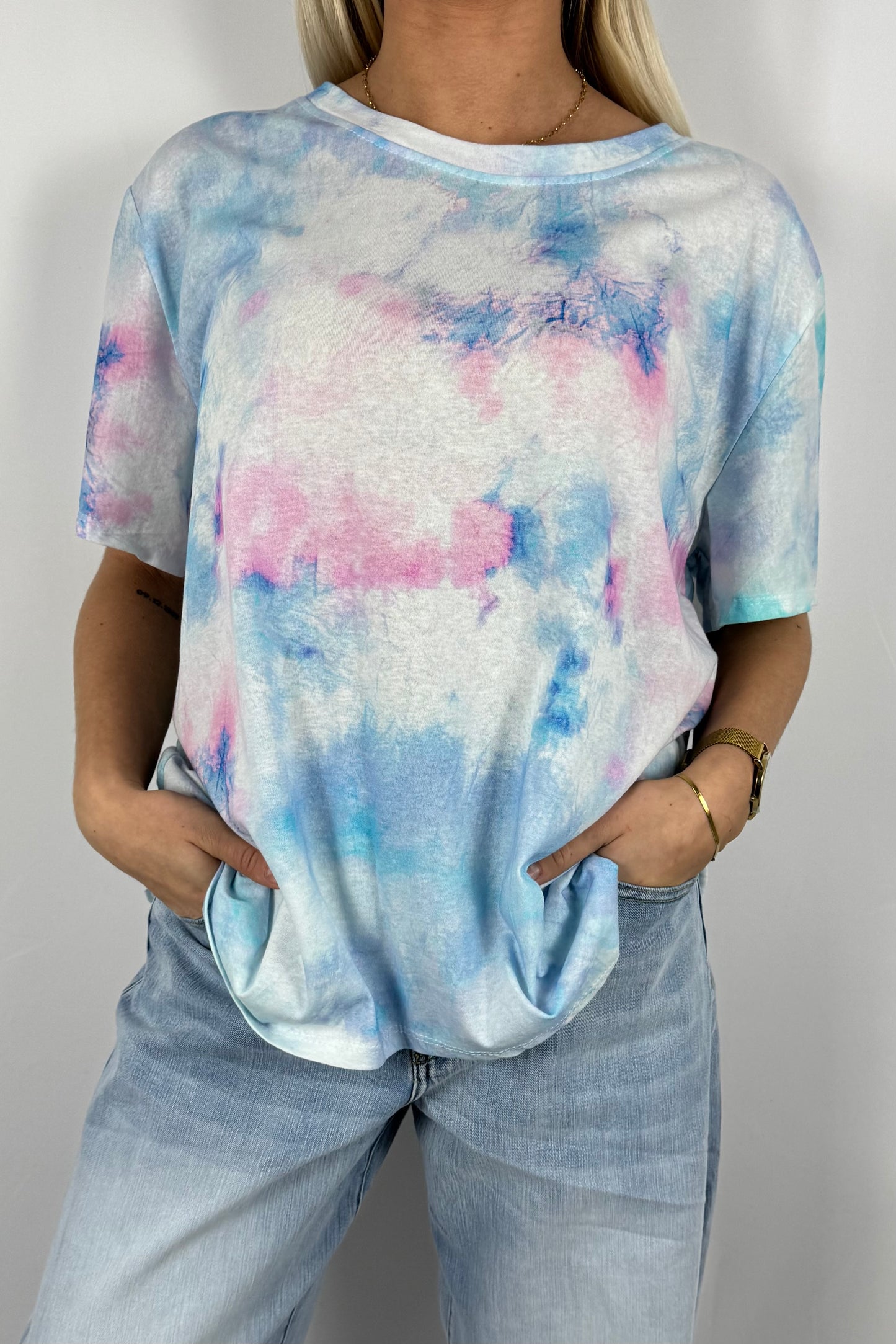 Damen Batik T-Shirt Oversize-Hellblau