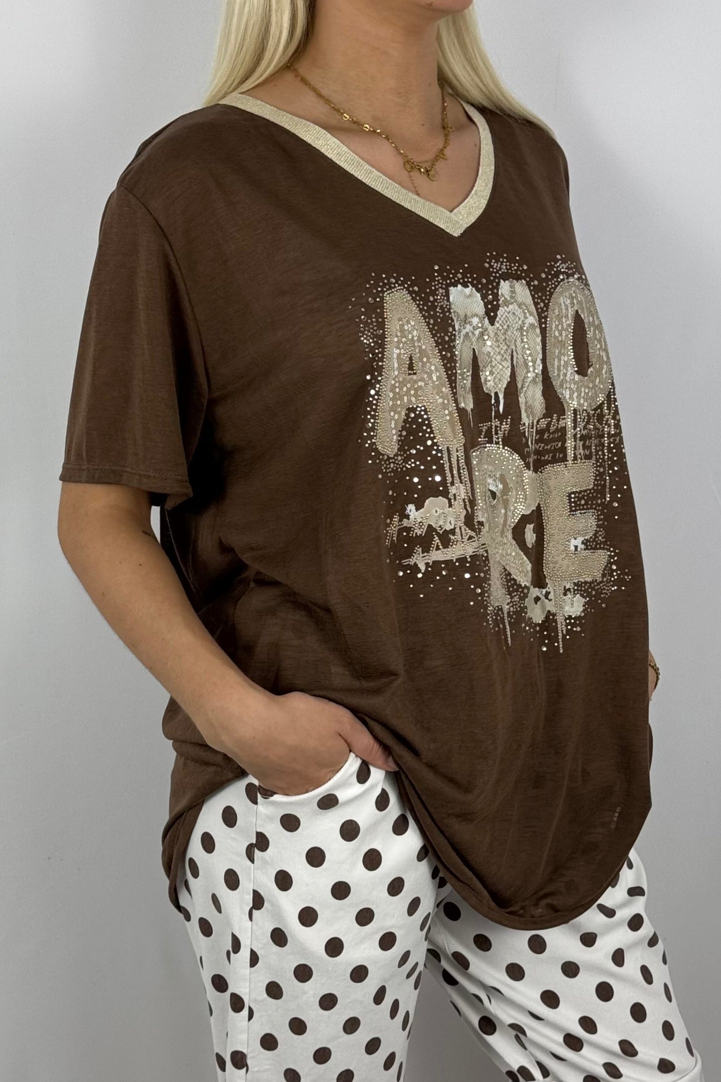 Shirt „AMORE“ mit Glitzer-Print-Schoko