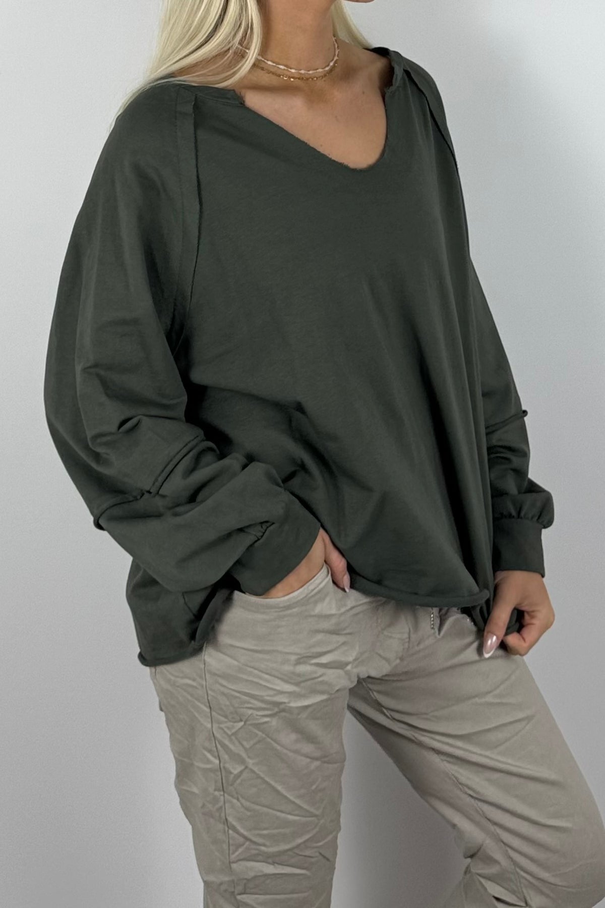 Damen Oversize-Sweatshirt mit V-Ausschnitt-Khaki