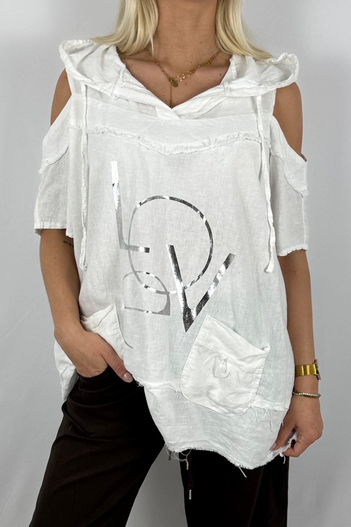 Leinen-Top mit Kapuze & LOVE-Print-Weiß
