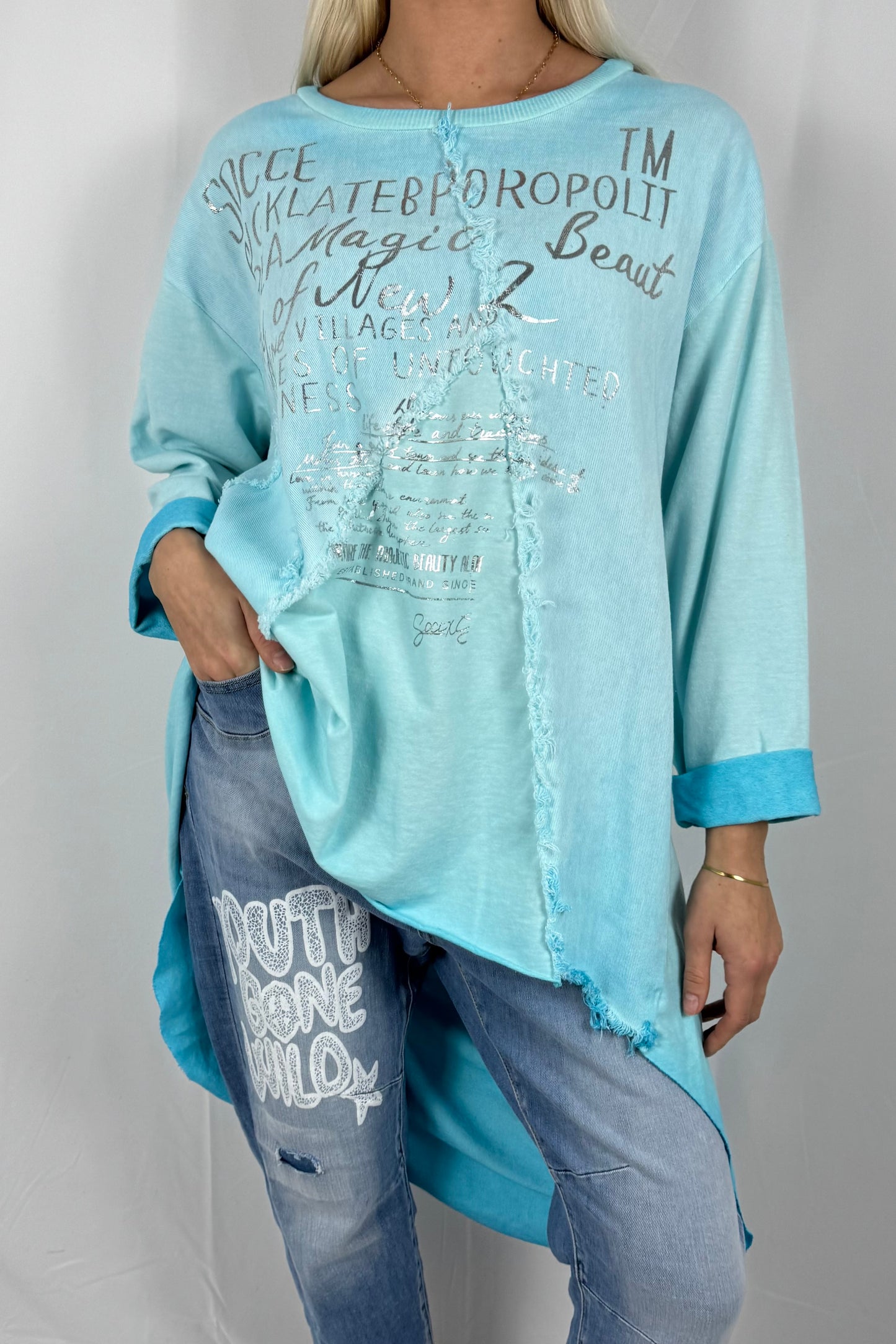 Damen Oversize Longshirt mit Schrift Print-Türkis