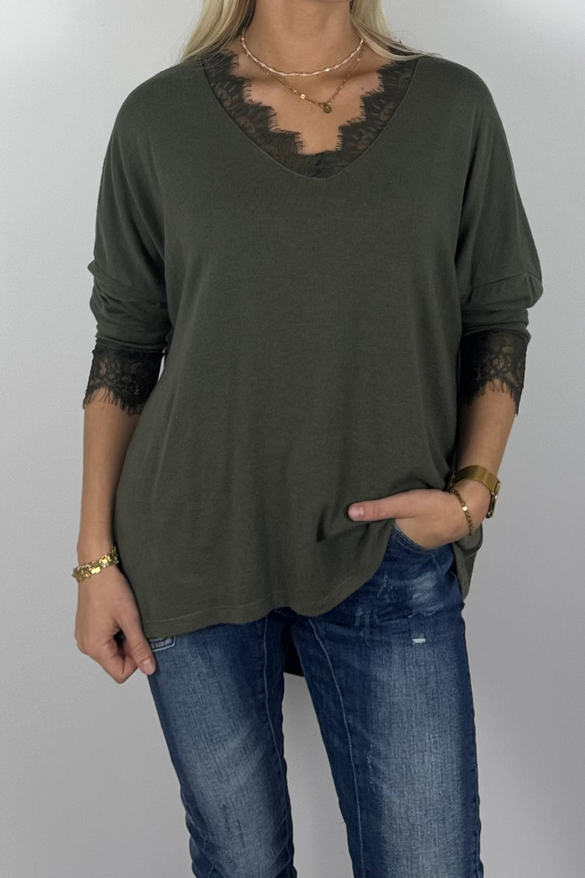 Damen Oversize Shirt mit Spitzen-Details –Khaki