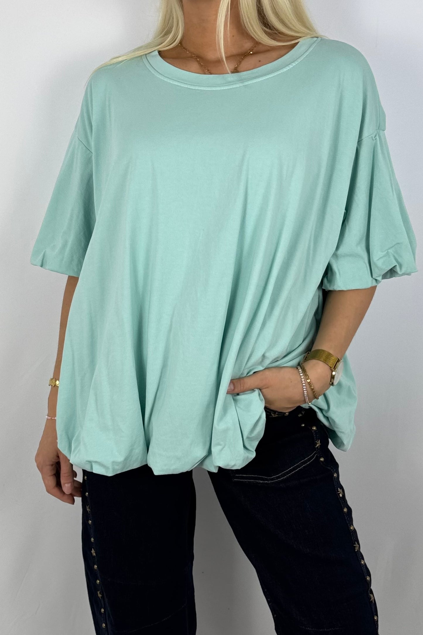 Basic Oversize Shirt mit Puffärmeln – Mint