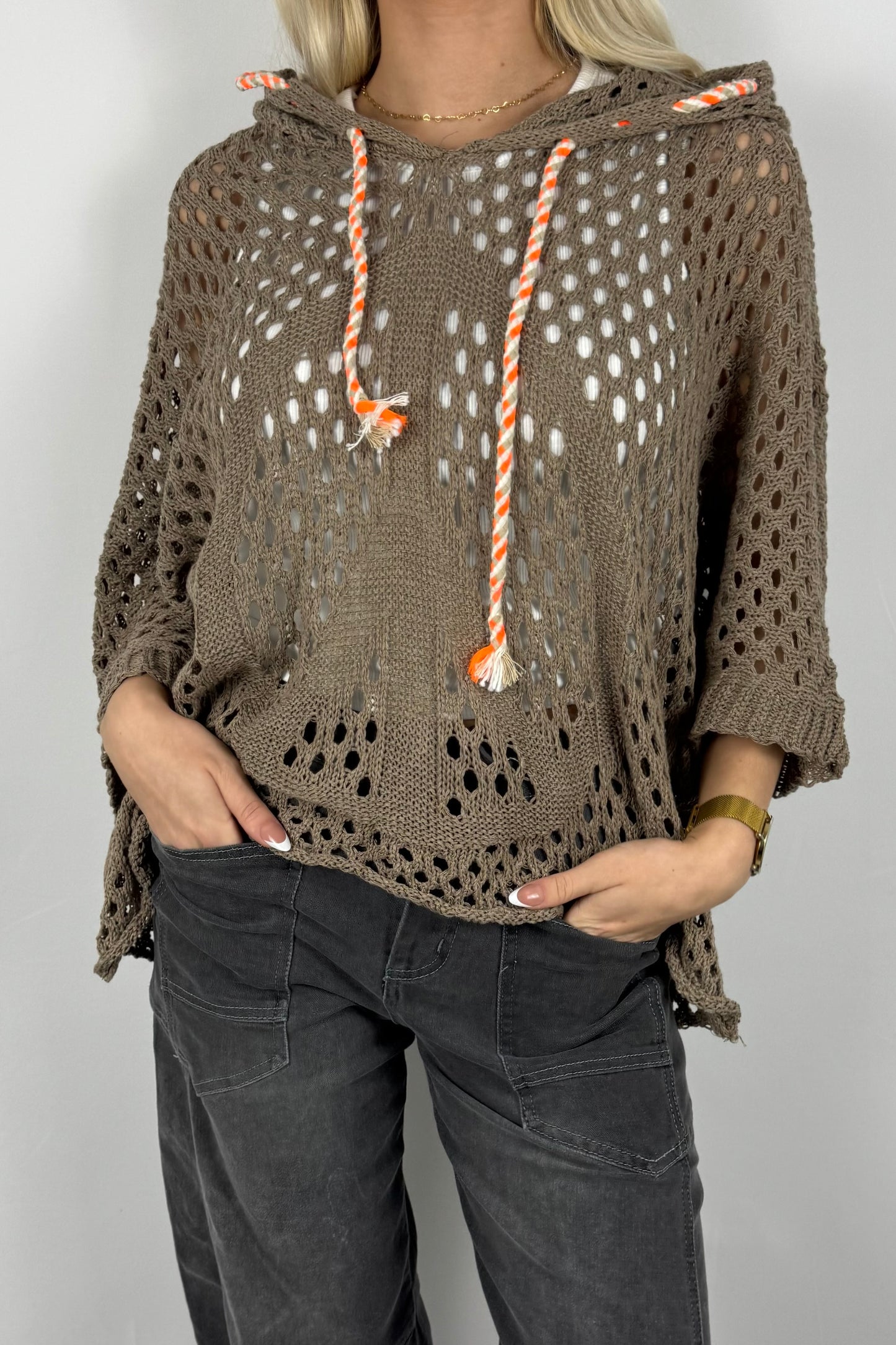 Häkel Hoodie Shirt mit Lochmuster Damen-Mud