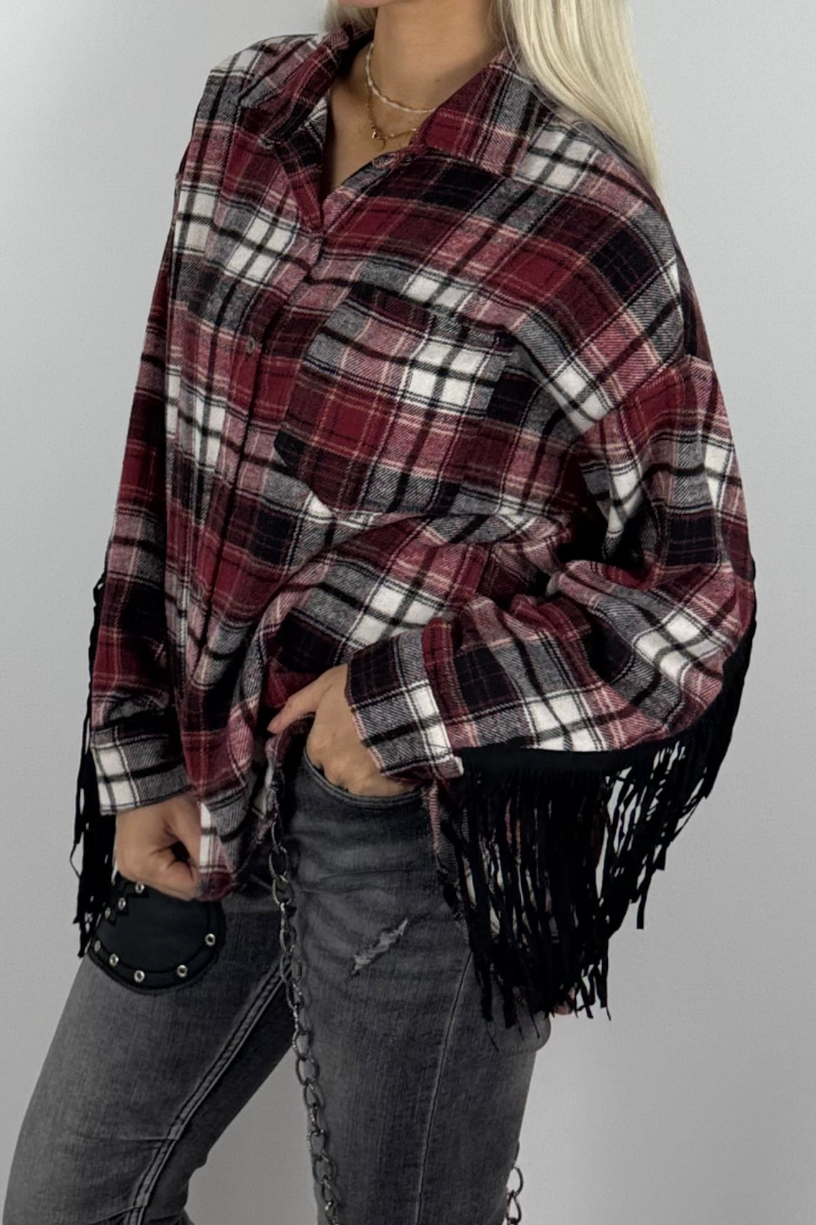 Damen-Karobluse mit Fransen-Bordeaux