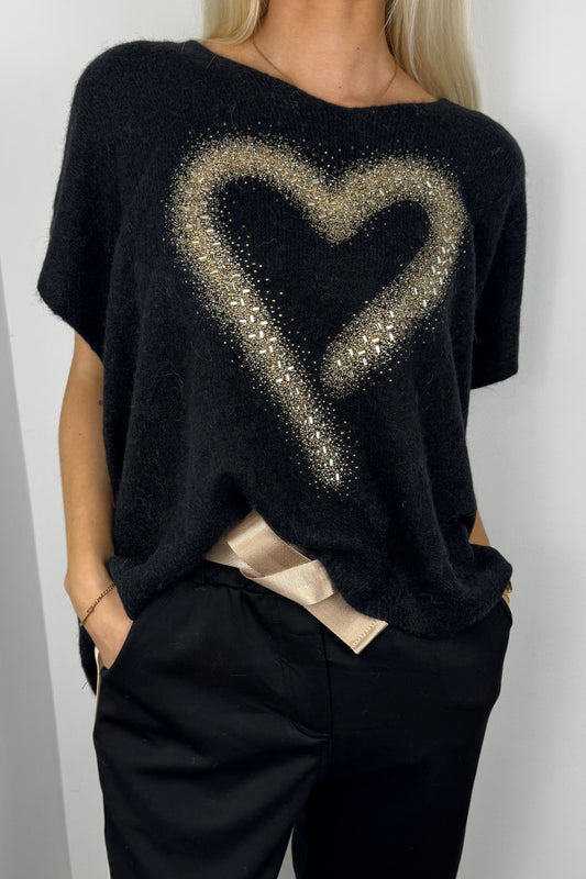 Pullover mit Herz-Design und Strassdetails –Schwarz