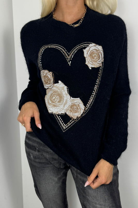Pullover mit Herz- und Rosen-Design-Schwarz