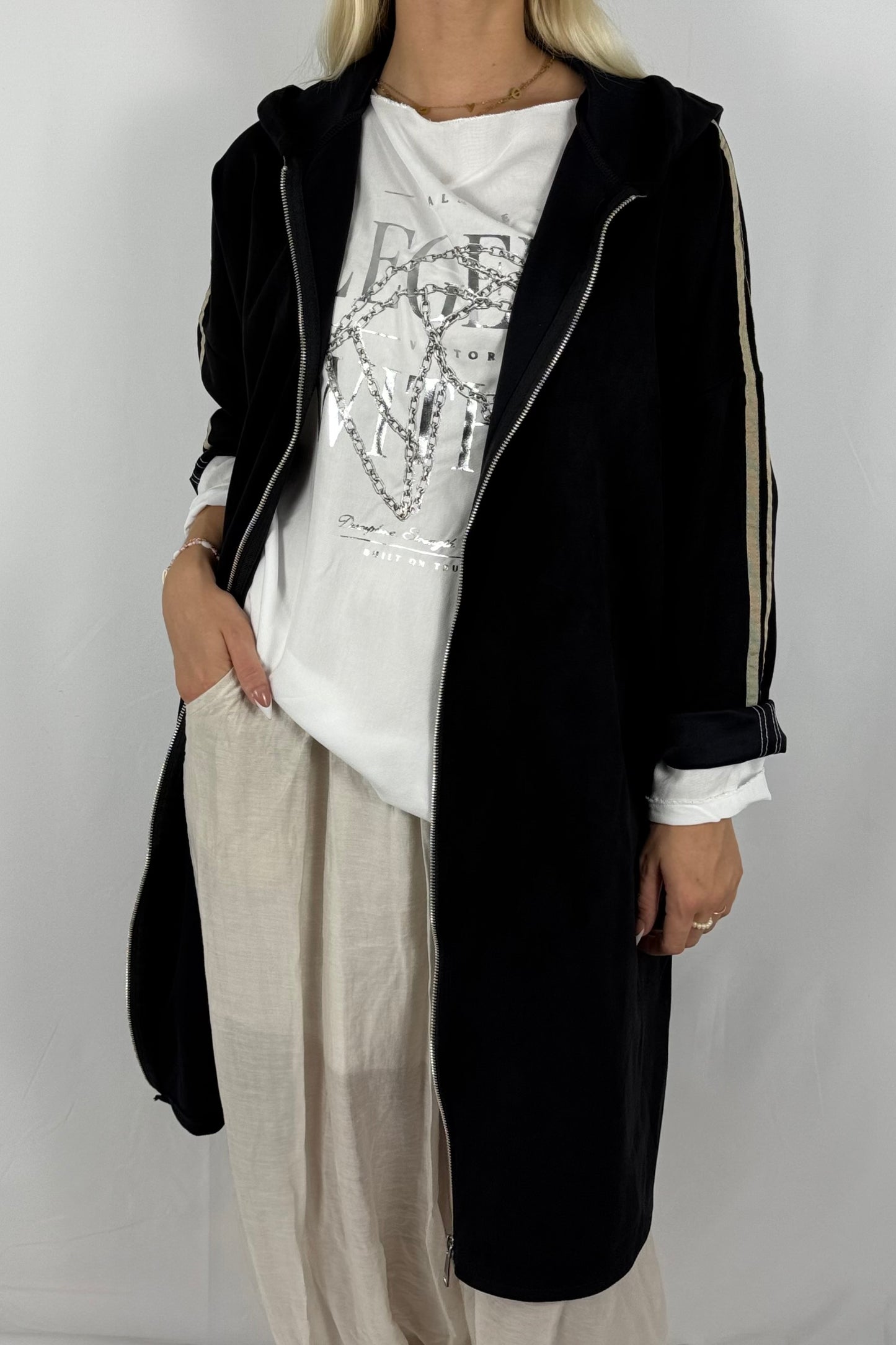 Lässige Longjacke in Velours-Optik mit Kapuze-Schwarz