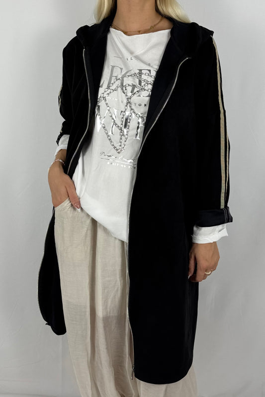 Lässige Longjacke in Velours-Optik mit Kapuze-Schwarz