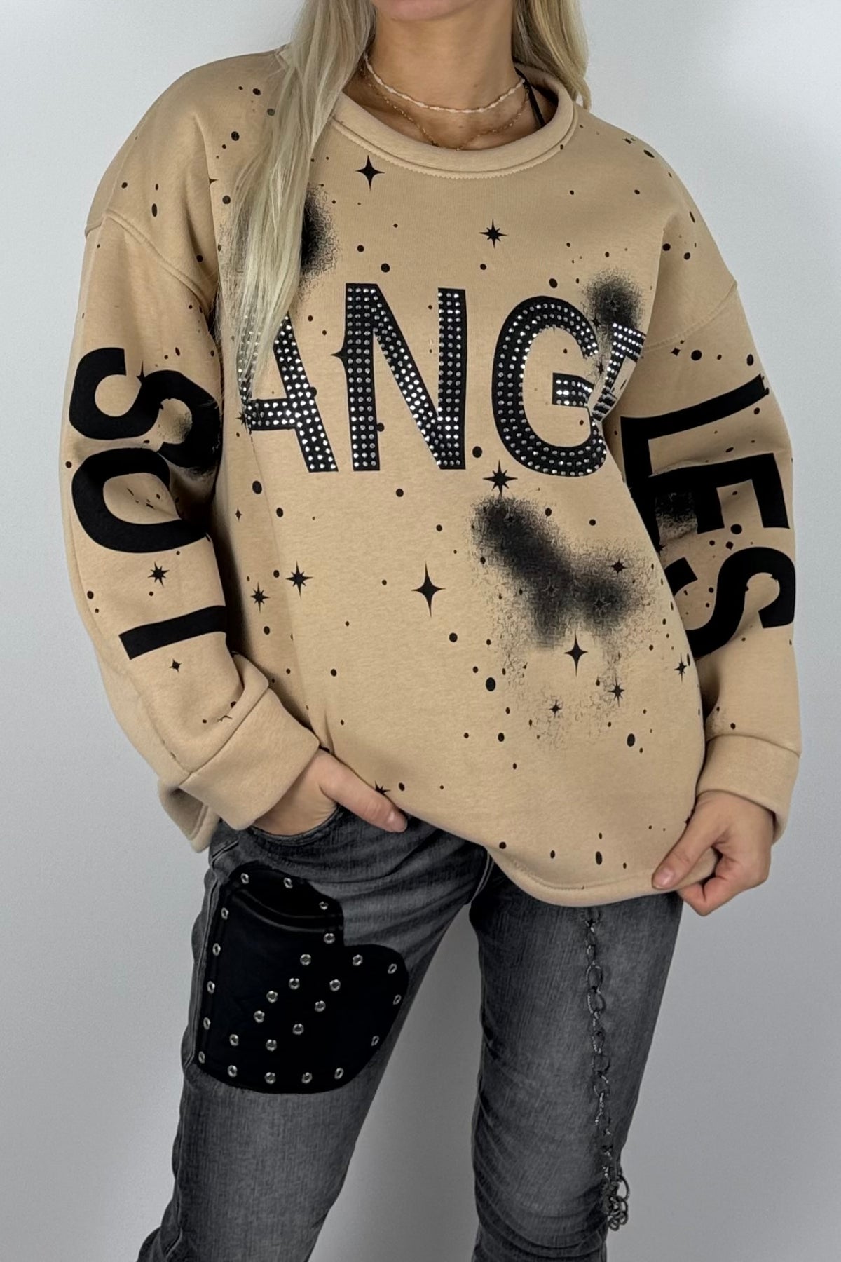 Damen-Sweatshirt mit „Los Angeles“-Schriftzug und Glitzersteinen - Beige