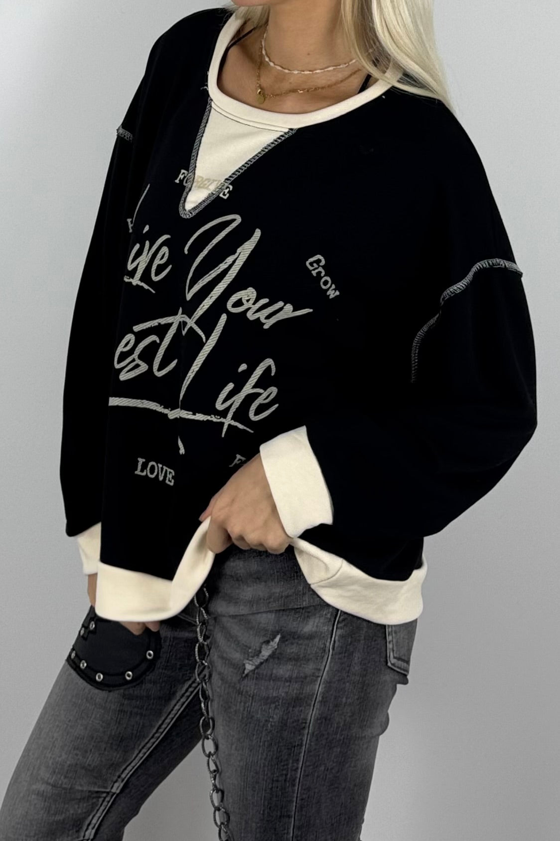 Damen-Sweatshirt mit „Live Your Best Life“-Print-Schwarz