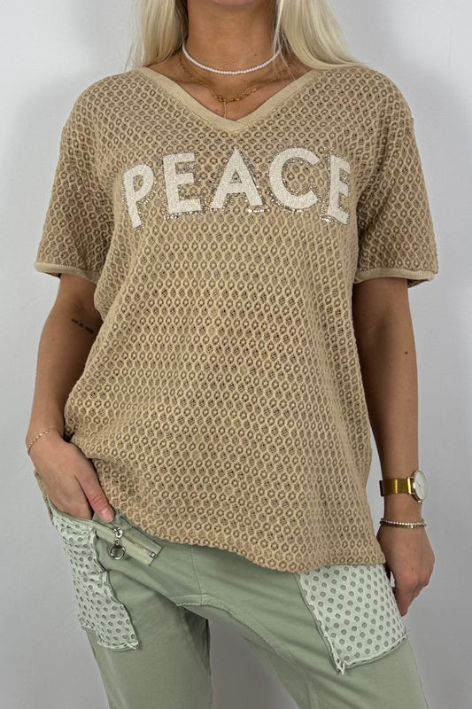 Netz-Shirt „PEACE“ mit Strass-Applikation-Kamel