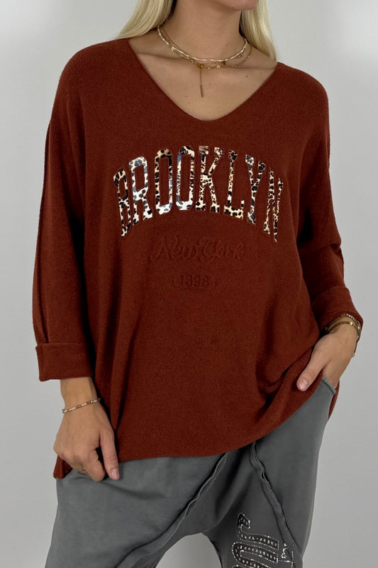 Oversize Shirt „BROOKLYN“ mit V-Ausschnitt – Rust