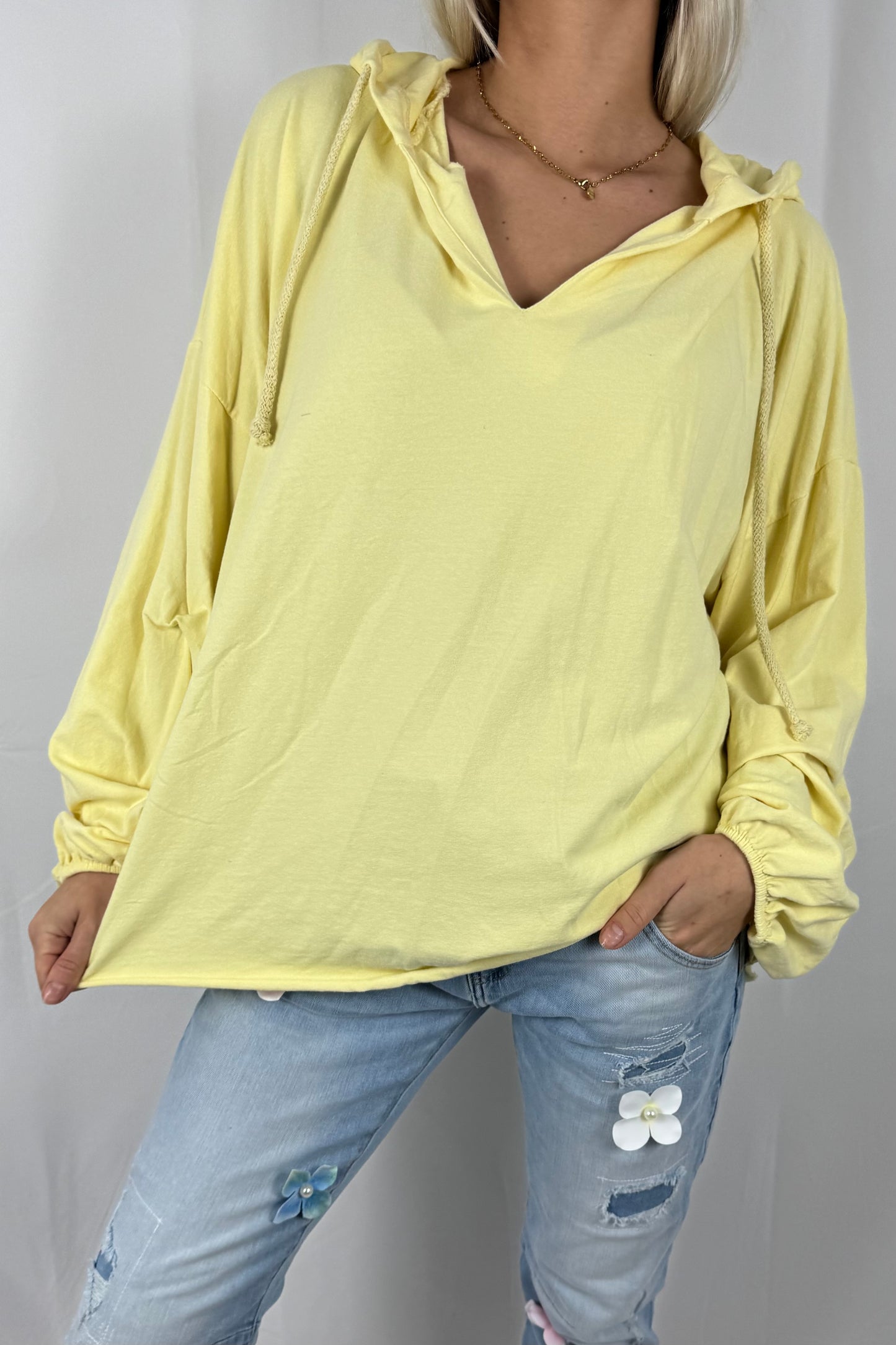 Damen Hoodie Shirt mit V-Ausschnitt –Gelb