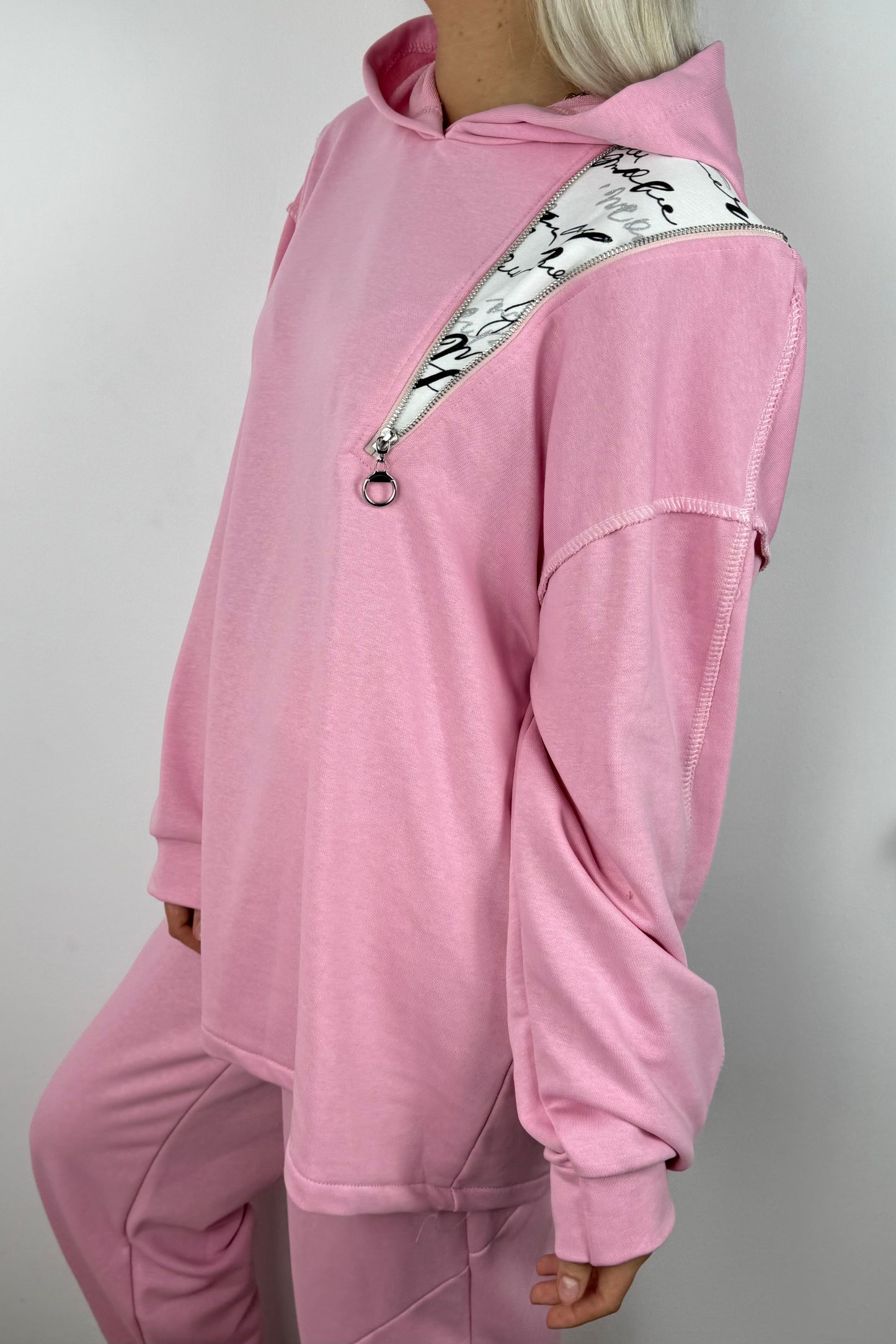 Asymmetrischer Hoodie mit Zipper –Rosa