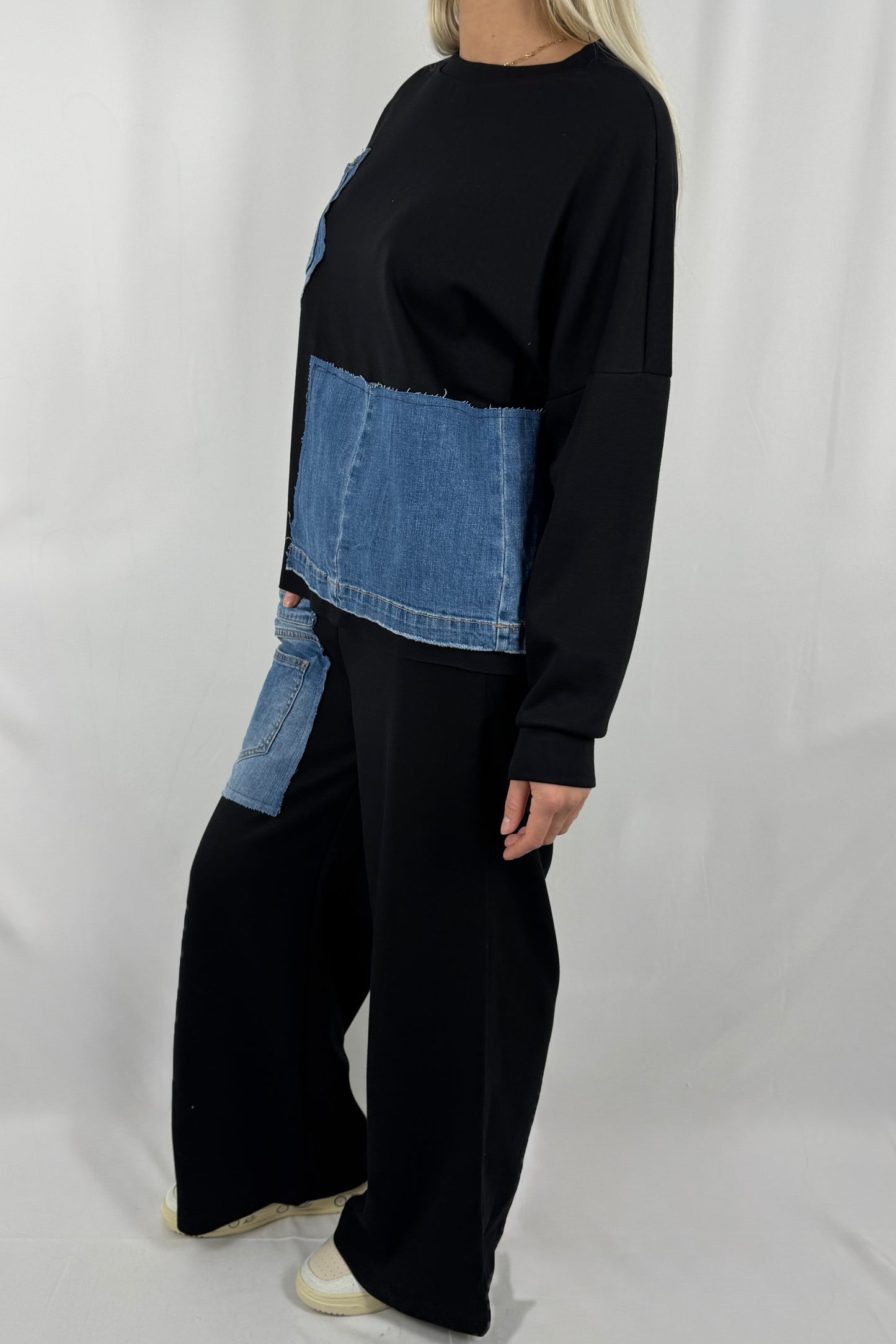 Damen Zweiteiler Set mit Denim Patch Details-Schwarz