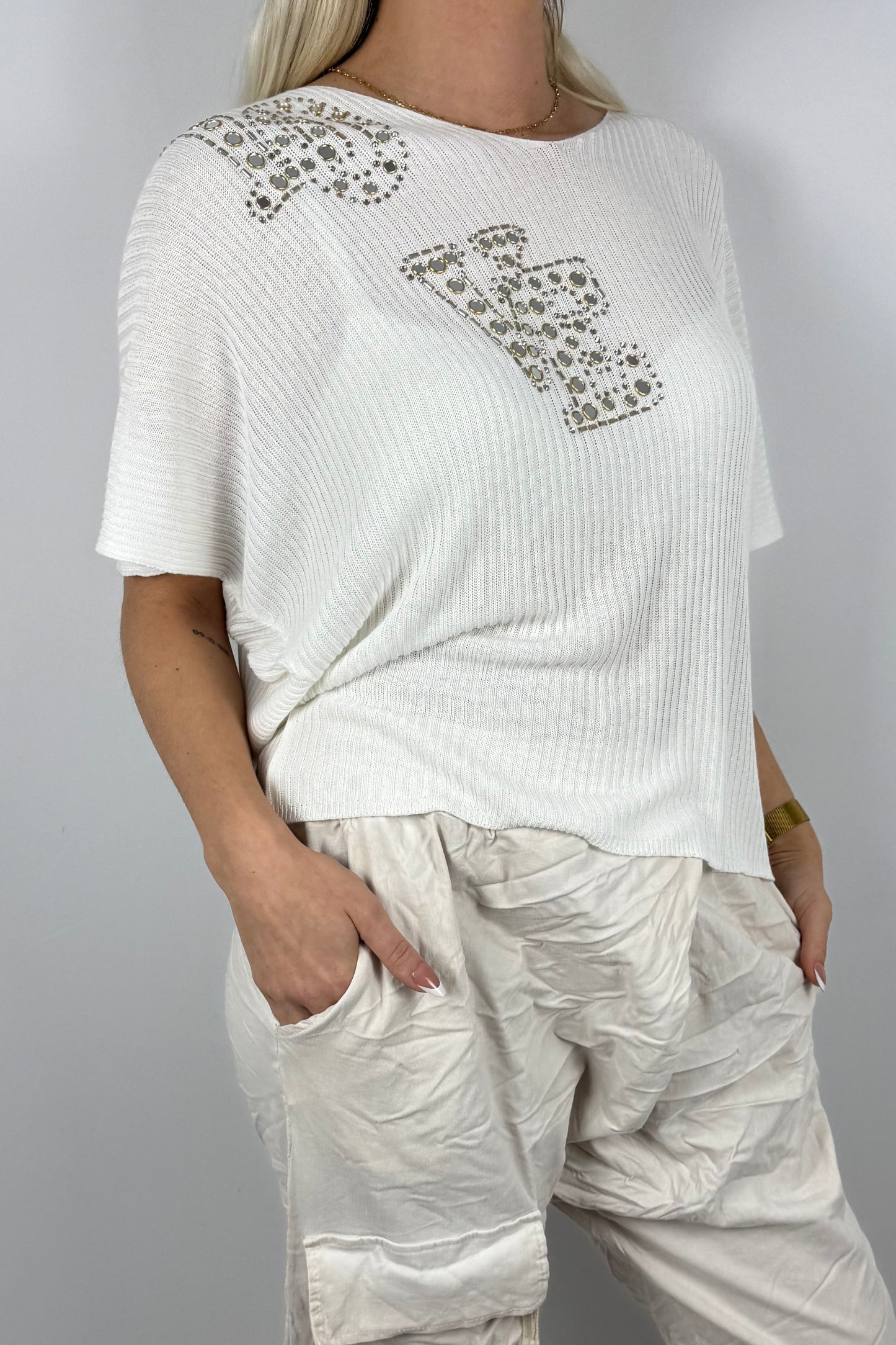 Strickshirt LOVE mit Glitzersteinen Damen-Weiß