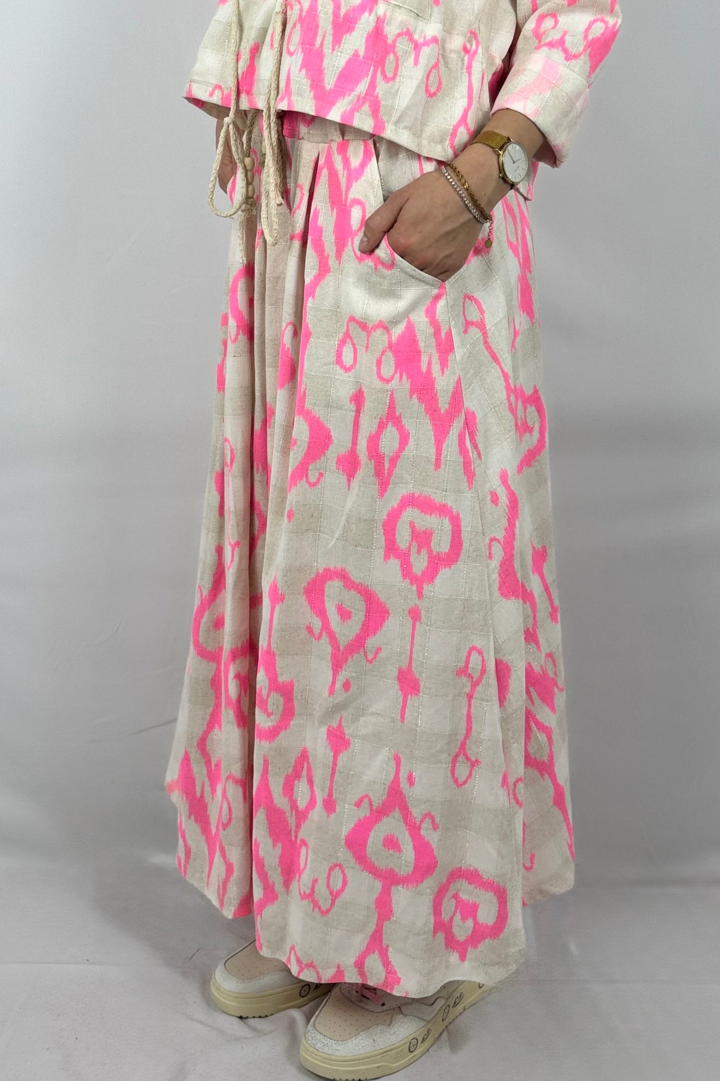 Boho Rock mit Print – Leinen/Viskose-Neon Pink