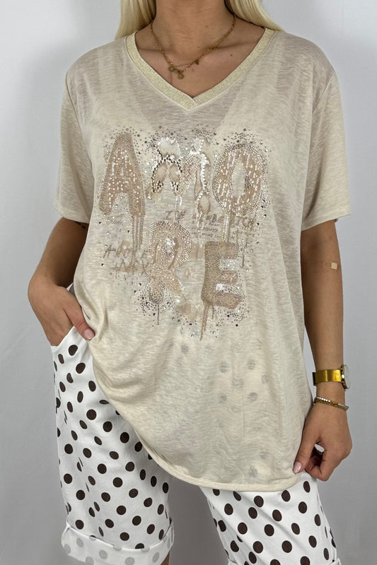 Shirt „AMORE“ mit Glitzer-Print-Beige