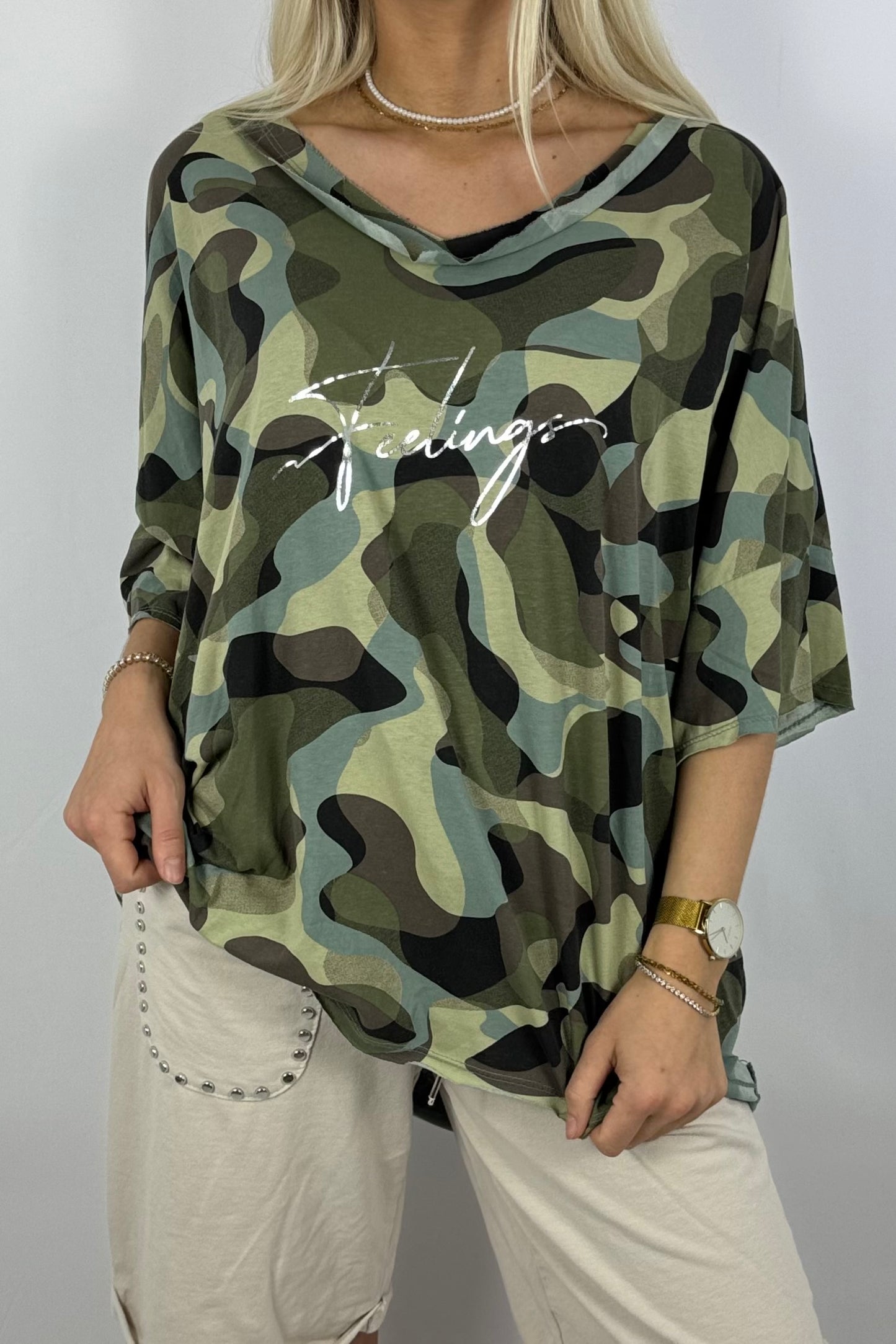 Oversize-Shirt im Camouflage-Look-Khaki