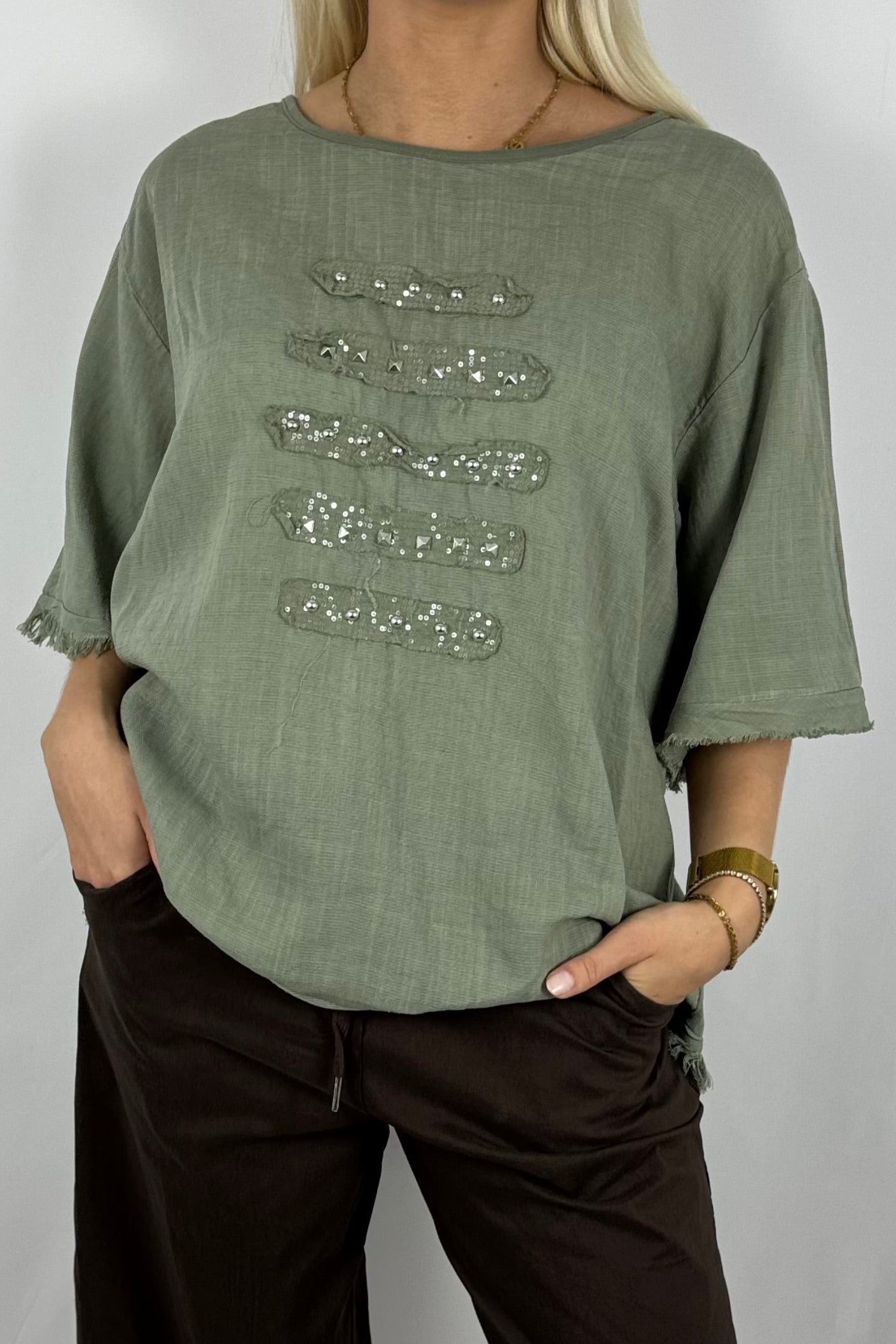 Leinen-Shirt mit Fransen & Nieten-Details-Khaki