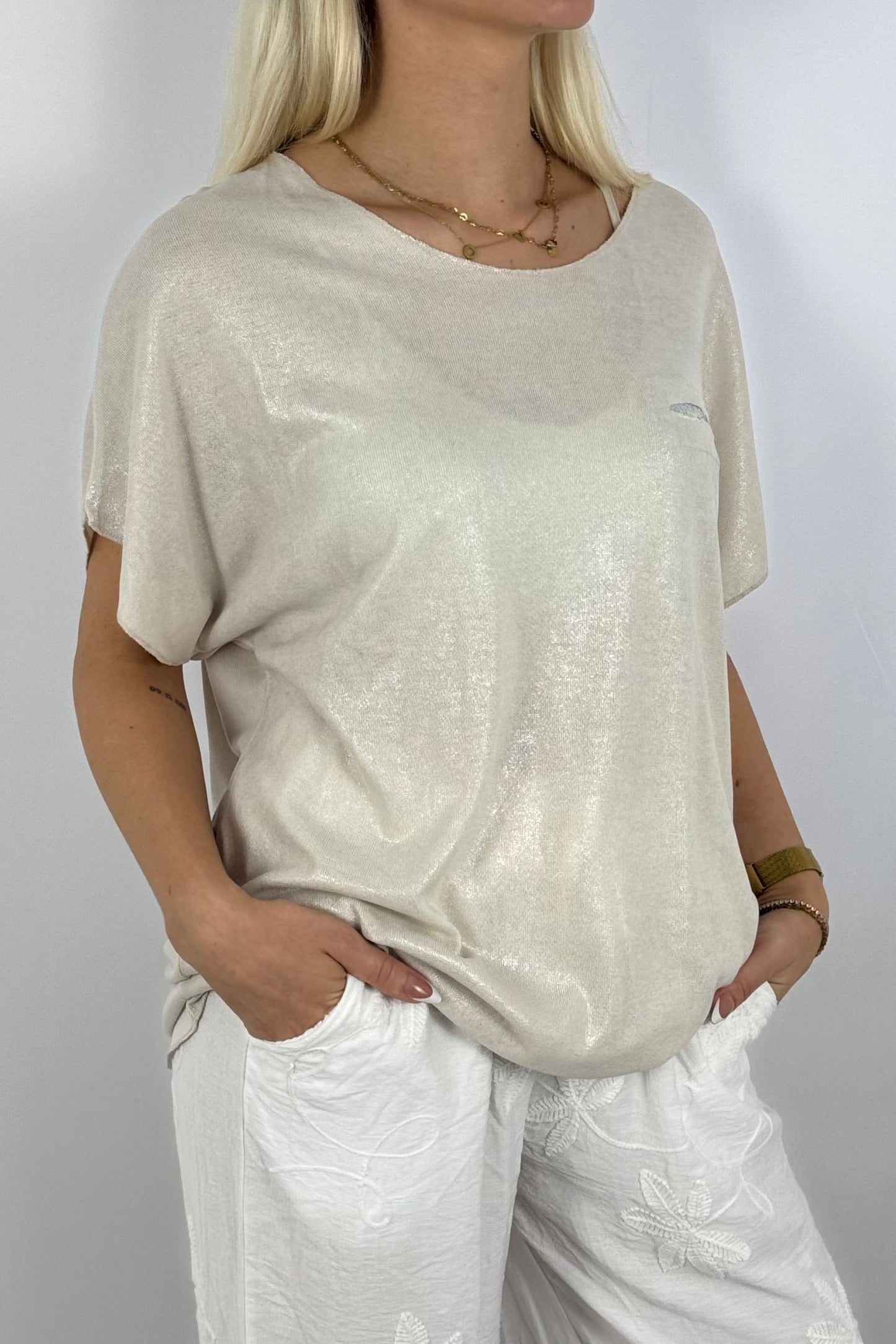 Glitzer-Shirt mit Pailletten-Detail – elegant & bequem-Beige