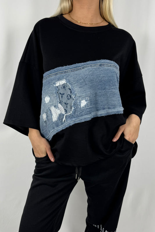 Oversize Damen Shirt mit Denim Patch und Used Look Detail-Schwarz