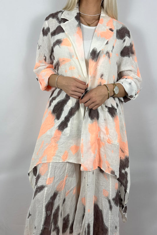 Leinen Bluse mit Batik Muster – Lockerer Oversize Style-Neon Orange