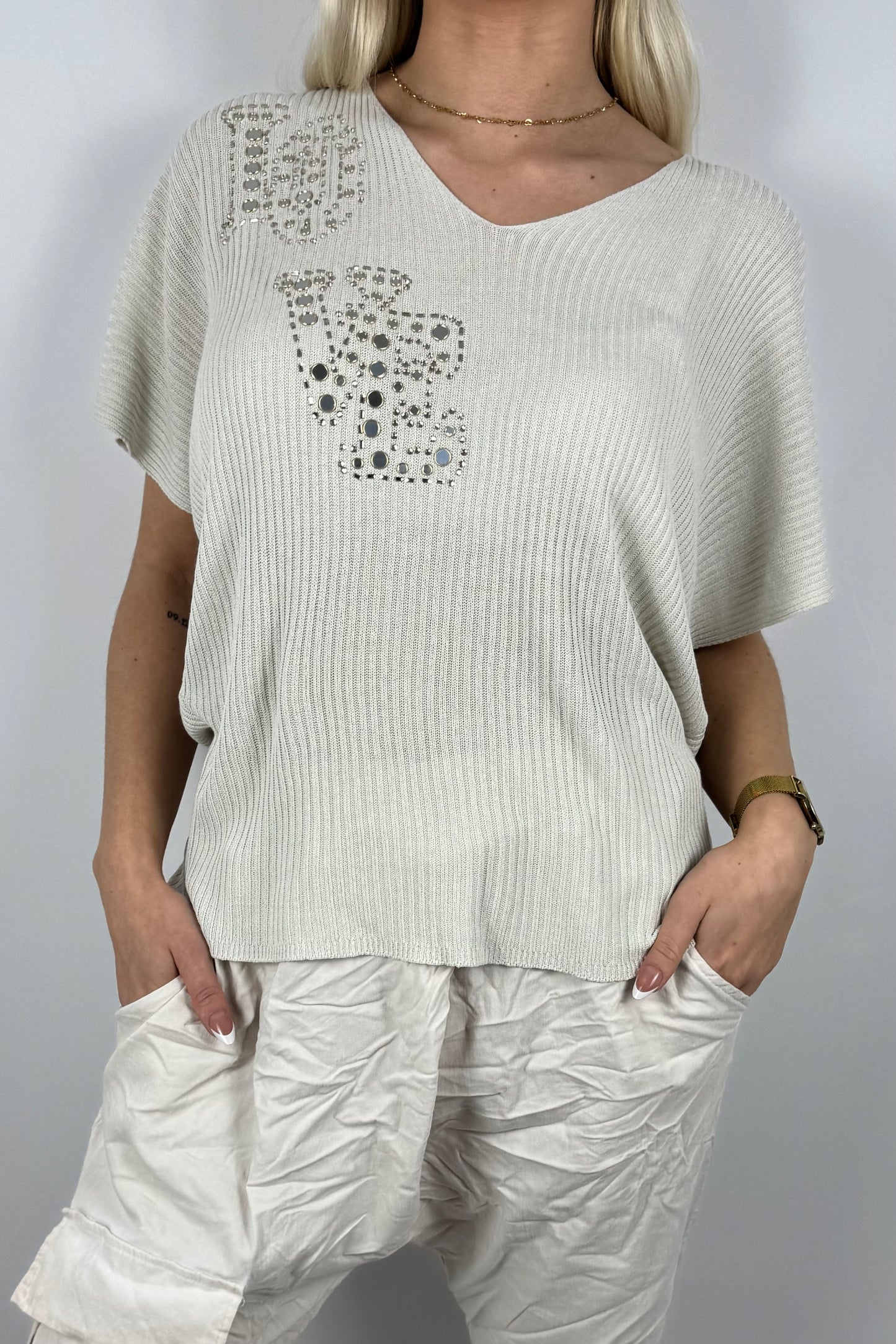 Strickshirt LOVE mit Glitzersteinen Damen-Beige