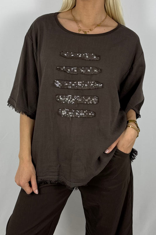 Leinen-Shirt mit Fransen & Nieten-Details-Schoko