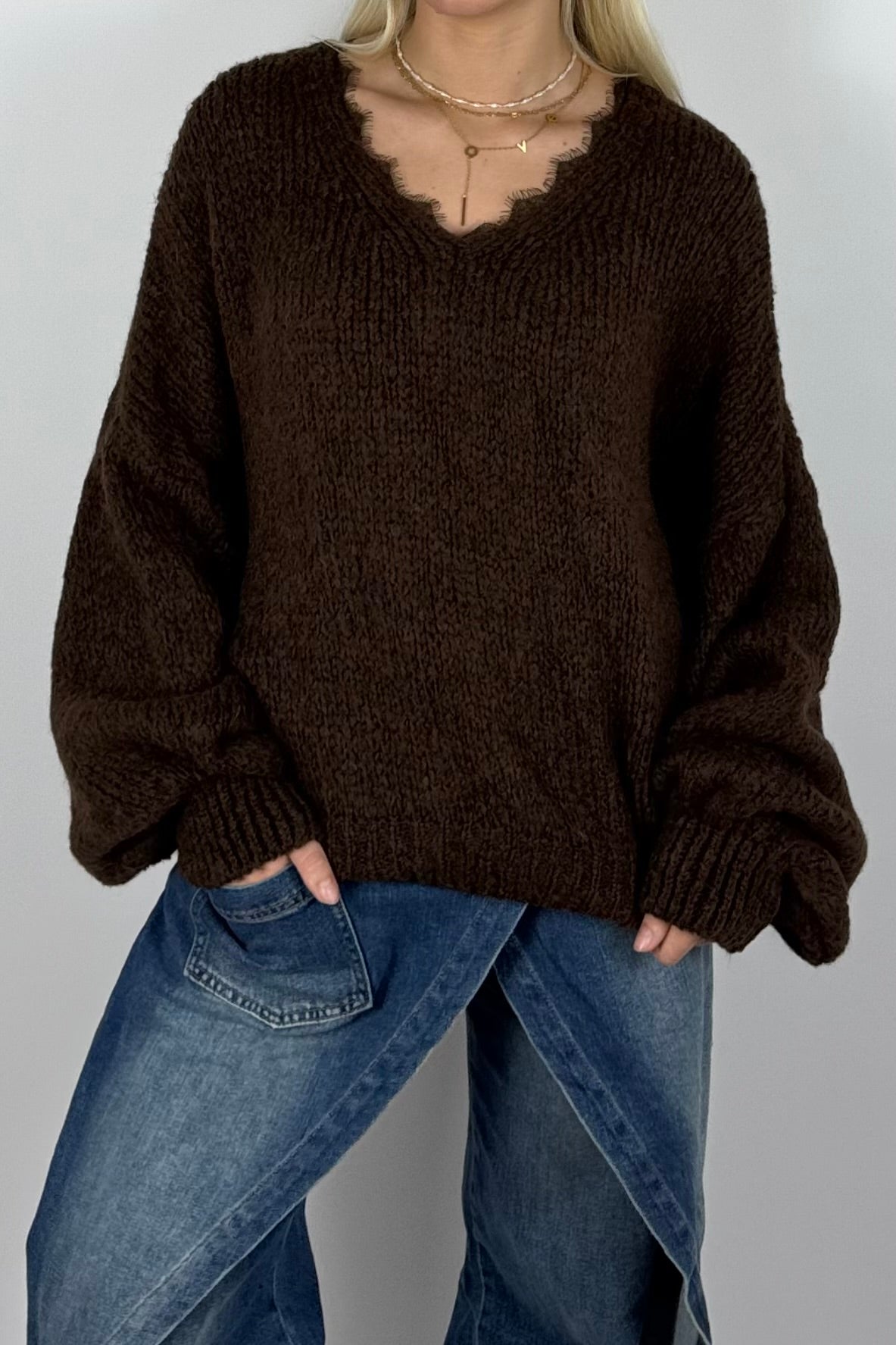 Damen Oversize Strickpullover mit V-Ausschnitt –Schoko